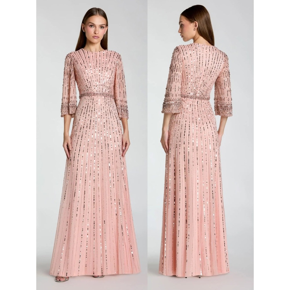 NWT Mac Duggal Pink High Neck Embellished Gown With 3/4 Sleeves $898 - Size 14